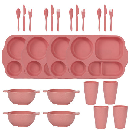 Pink Durable Eco-Friendly Wheat Straw Dinnerware Set - 24 Pieces with Plates, Bowls, Cups & Cutlery.