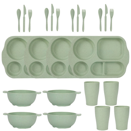 Green Durable Eco-Friendly Wheat Straw Dinnerware Set - 24 Pieces with Plates, Bowls, Cups & Cutlery.