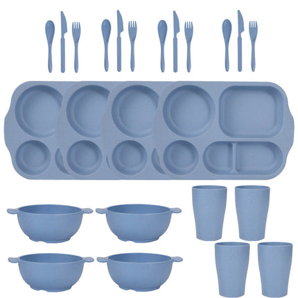 Blue Durable Eco-Friendly Wheat Straw Dinnerware Set - 24 Pieces with Plates, Bowls, Cups & Cutlery.