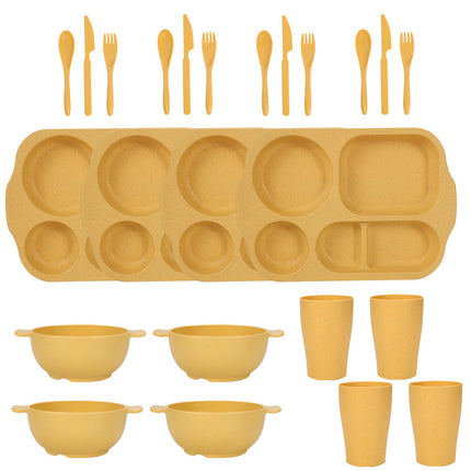Yellow Durable Eco-Friendly Wheat Straw Dinnerware Set - 24 Pieces with Plates, Bowls, Cups & Cutlery.