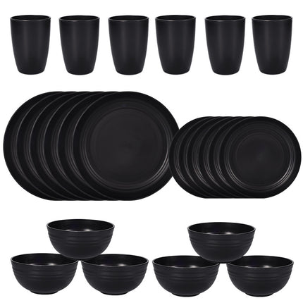 Stylish Black Wheat Straw Dinnerware Set - 24 Pieces Including Plates, Bowls & Cups.