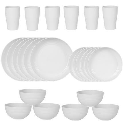 Stylish White Wheat Straw Dinnerware Set - 24 Pieces Including Plates, Bowls & Cups.