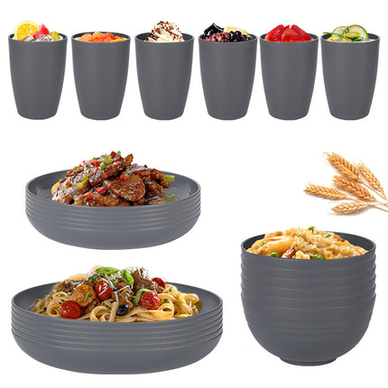 Stylish Dark Grey Wheat Straw Dinnerware Set - 24 Pieces Including Plates, Bowls & Cups.