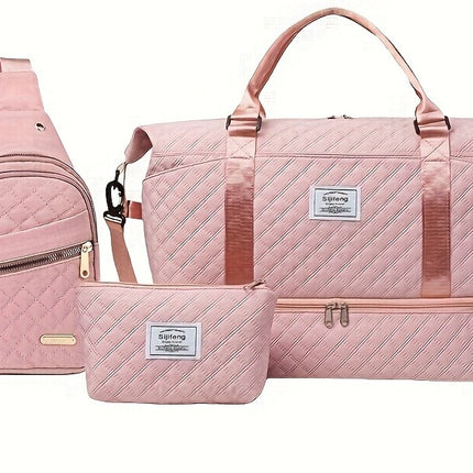 Pink Stylish 3-Piece Quilted Travel Bag Set - Weekender Duffel with Shoe Compartment, Sling Bag & Cosmetic Pouch.