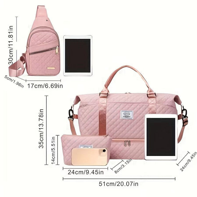 Pink Stylish 3-Piece Quilted Travel Bag Set - Weekender Duffel with Shoe Compartment, Sling Bag & Cosmetic Pouch.
