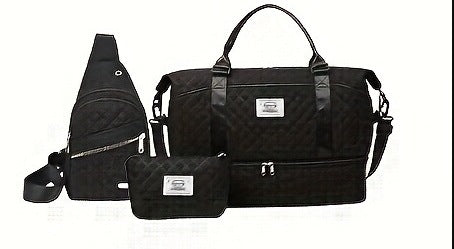 Black Stylish 3-Piece Quilted Travel Bag Set - Weekender Duffel with Shoe Compartment, Sling Bag & Cosmetic Pouch.