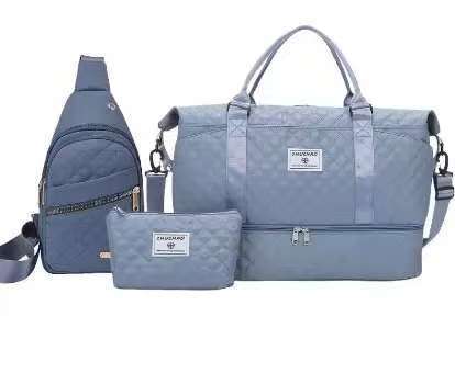 Blue Stylish 3-Piece Quilted Travel Bag Set - Weekender Duffel with Shoe Compartment, Sling Bag & Cosmetic Pouch.
