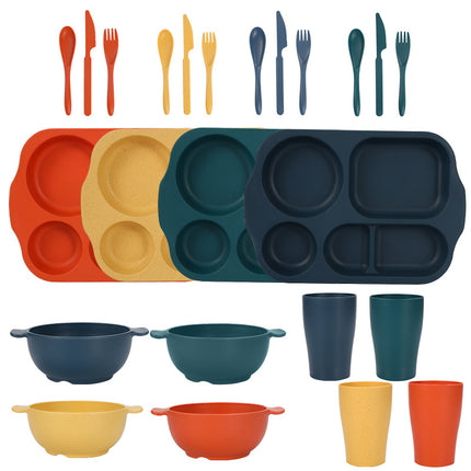 Macaron 4 Colours Durable Eco-Friendly Wheat Straw Dinnerware Set - 24 Pieces with Plates, Bowls, Cups & Cutlery.