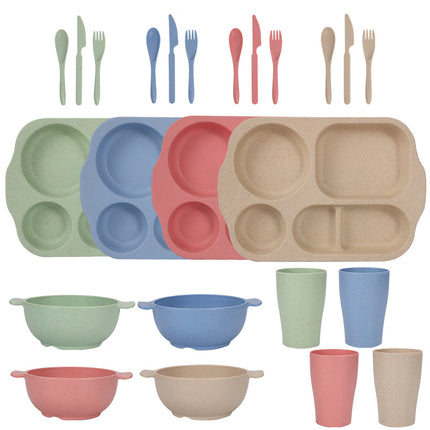 Scandinavian 4-colour Durable Eco-Friendly Wheat Straw Dinnerware Set - 24 Pieces with Plates, Bowls, Cups & Cutlery.