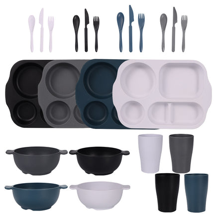 Black, Dark Grey, White, Dark Blue Durable Eco-Friendly Wheat Straw Dinnerware Set - 24 Pieces with Plates, Bowls, Cups & Cutlery.
