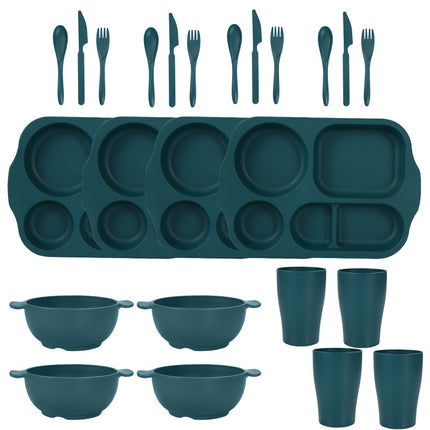 Dark Green Durable Eco-Friendly Wheat Straw Dinnerware Set - 24 Pieces with Plates, Bowls, Cups & Cutlery.