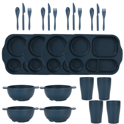 Dark Blue Durable Eco-Friendly Wheat Straw Dinnerware Set - 24 Pieces with Plates, Bowls, Cups & Cutlery.
