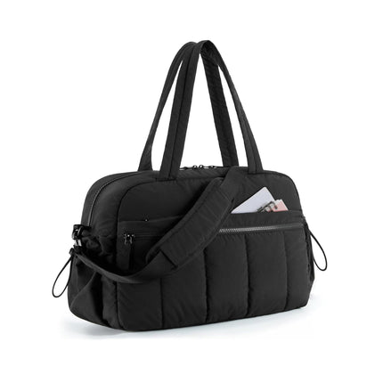 Black Large Capacity Quilted Travel Tote Bag - Waterproof Gym Duffel with Wet Pocket (42x19x30cm).