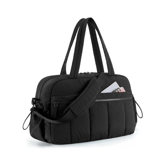 Black Large Capacity Quilted Travel Tote Bag - Waterproof Gym Duffel with Wet Pocket (42x19x30cm).