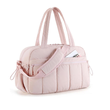 Pink Large Capacity Quilted Travel Tote Bag - Waterproof Gym Duffel with Wet Pocket (42x19x30cm).