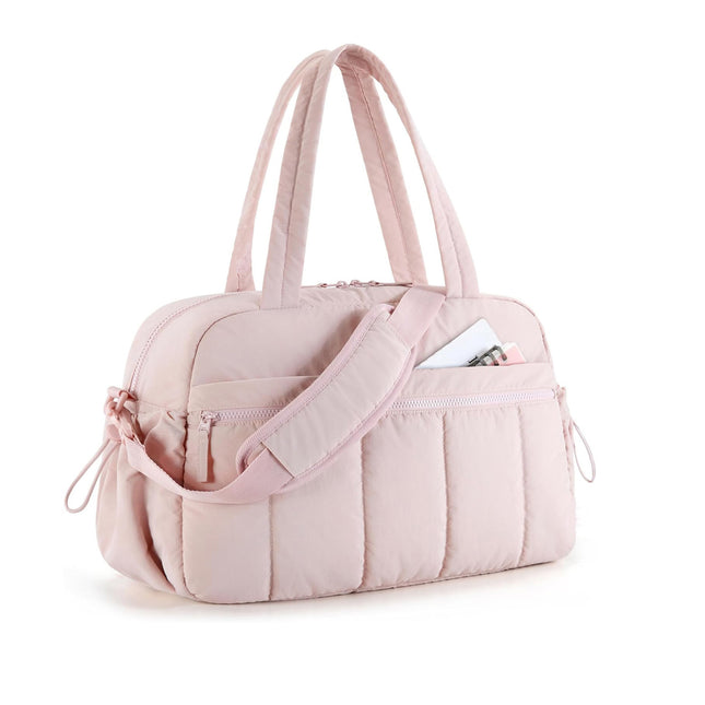 Pink Large Capacity Quilted Travel Tote Bag - Waterproof Gym Duffel with Wet Pocket (42x19x30cm).