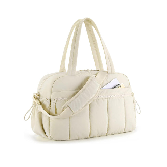 White Large Capacity Quilted Travel Tote Bag - Waterproof Gym Duffel with Wet Pocket (42x19x30cm).