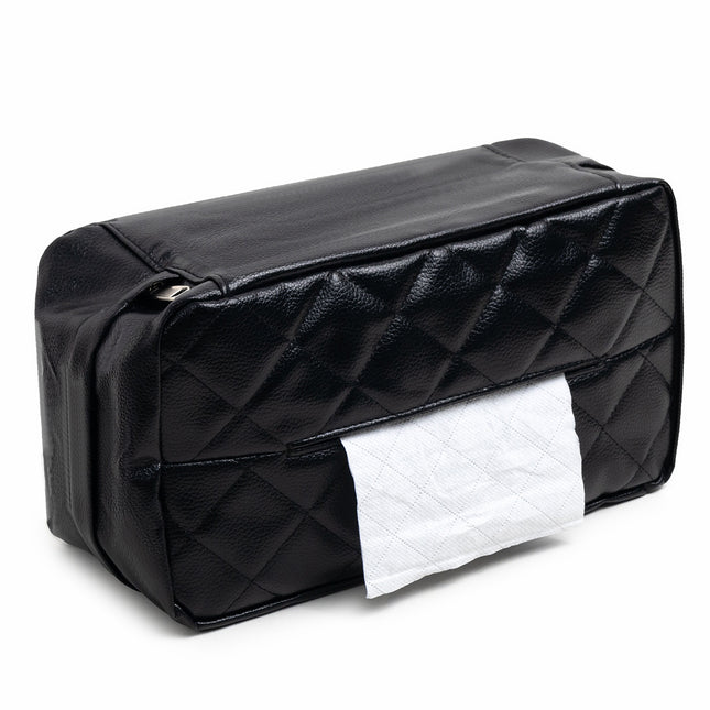 Black Universal Leather Car Tissue Box Holder - Visor, Armrest & Seat Back Mount.