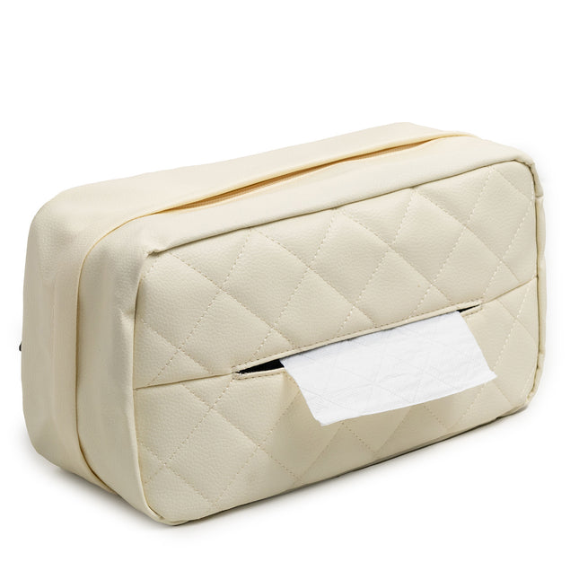 White Universal Leather Car Tissue Box Holder - Visor, Armrest & Seat Back Mount.