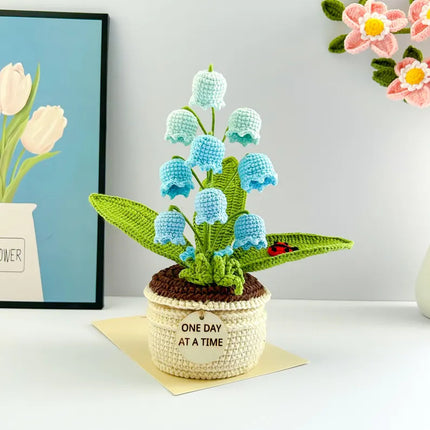Blue Handmade Crochet Lily of the Valley Potted Plant - Gradient Blue Flower Decor Gift.