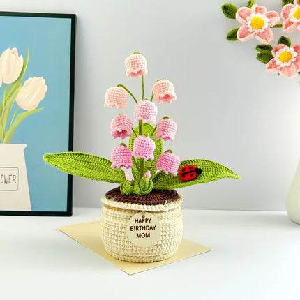 Pink Handmade Crochet Lily of the Valley Potted Plant - Gradient Blue Flower Decor Gift.