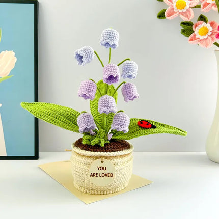 Purple Handmade Crochet Lily of the Valley Potted Plant - Gradient Blue Flower Decor Gift.
