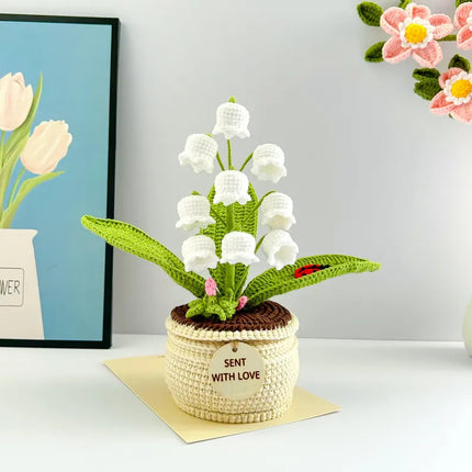 White Handmade Crochet Lily of the Valley Potted Plant - Gradient Blue Flower Decor Gift.