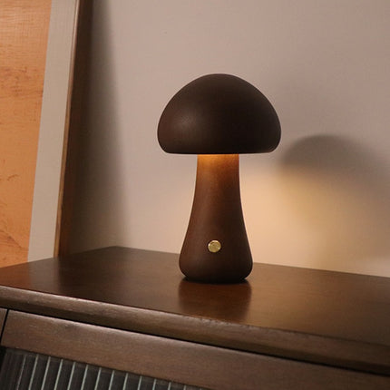 Dark Brown Solid Wood Mushroom LED Table Lamp - Rechargeable Touch Control Bedside Night Light (Large).