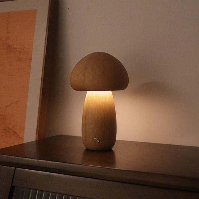 Dun-dun Model Brown Solid Wood Mushroom LED Table Lamp - Rechargeable Touch Control Bedside Night Light (Large).
