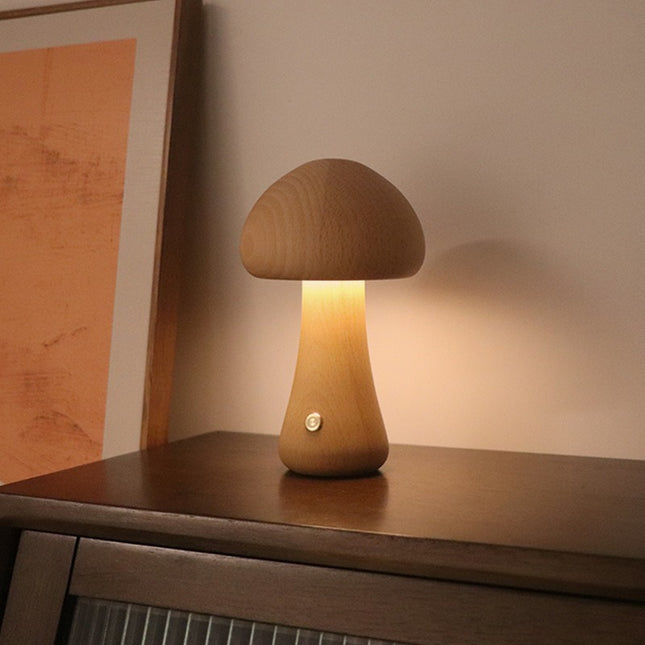 Brown Solid Wood Mushroom LED Table Lamp - Rechargeable Touch Control Bedside Night Light (Large).