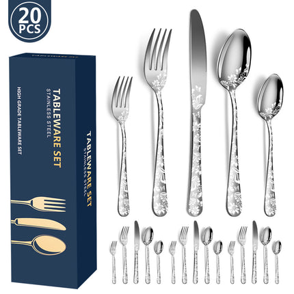 Silver Elegant 20-Piece Stainless Steel Cutlery Set with Floral Design - Dinner & Steak Knives, Forks, Spoons.