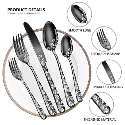 Silver Elegant 20-Piece Stainless Steel Cutlery Set with Floral Design - Dinner & Steak Knives, Forks, Spoons.