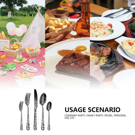 Silver Elegant 20-Piece Stainless Steel Cutlery Set with Floral Design - Dinner & Steak Knives, Forks, Spoons.