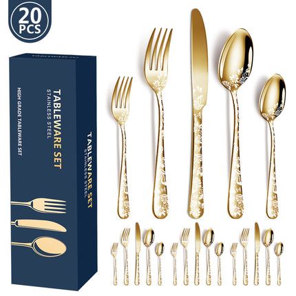Gold Elegant 20-Piece Stainless Steel Cutlery Set with Floral Design - Dinner & Steak Knives, Forks, Spoons.