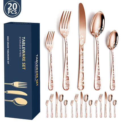 Rose Gold Elegant 20-Piece Stainless Steel Cutlery Set with Floral Design - Dinner & Steak Knives, Forks, Spoons.