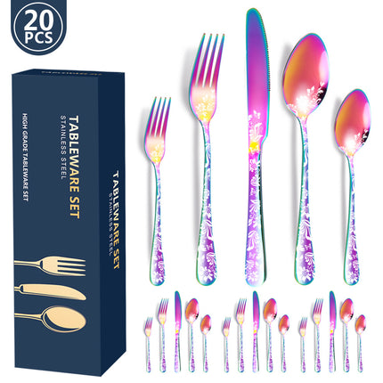 Multicolor Elegant 20-Piece Stainless Steel Cutlery Set with Floral Design - Dinner & Steak Knives, Forks, Spoons.