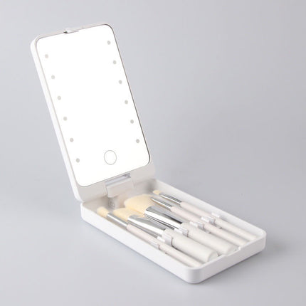 White LED Lighted Makeup Mirror with 5-Piece Cosmetic Brush Set and Dustproof Storage Case.