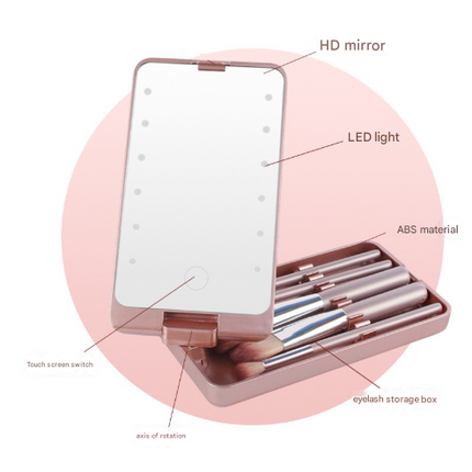 White LED Lighted Makeup Mirror with 5-Piece Cosmetic Brush Set and Dustproof Storage Case.