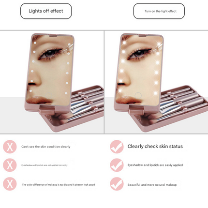 White LED Lighted Makeup Mirror with 5-Piece Cosmetic Brush Set and Dustproof Storage Case.