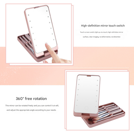 White LED Lighted Makeup Mirror with 5-Piece Cosmetic Brush Set and Dustproof Storage Case.