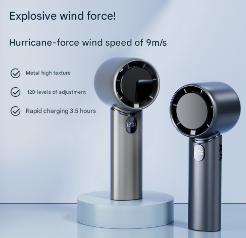 Grey Mini Bladeless Handheld Fan - USB Rechargeable, Quiet Portable Desk Fan.