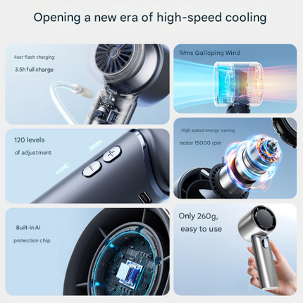Grey Mini Bladeless Handheld Fan - USB Rechargeable, Quiet Portable Desk Fan.