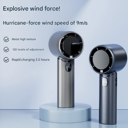 Blue Mini Bladeless Handheld Fan - USB Rechargeable, Quiet Portable Desk Fan.