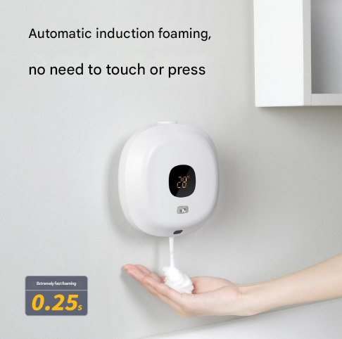 White Wall-Mounted No-Drill Automatic Foam Soap Dispenser - Infrared Sensor for Bathroom, 145x145x48mm.