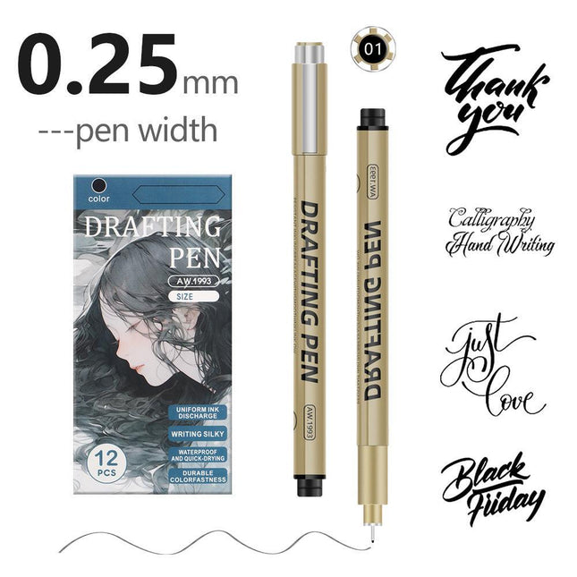 0.25mm 24-Piece Precision Drawing Pen Set - Waterproof Anime Sketching Pens for Students, Assorted Tips.
