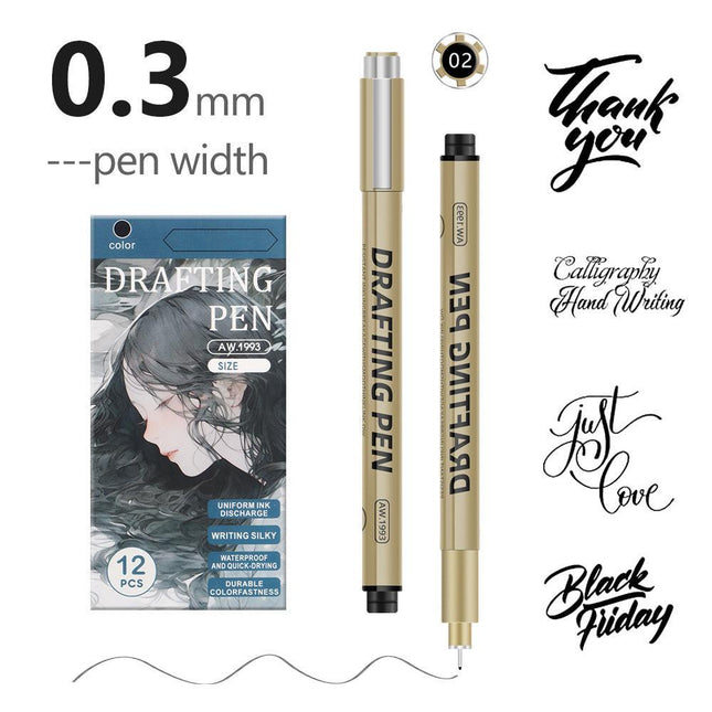 0.35mm 12-Piece Precision Drawing Pen Set - Waterproof Anime Sketching Pens for Students, Assorted Tips.