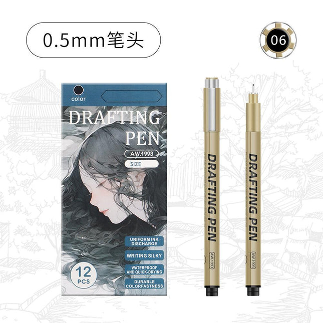 0.5mm 12-Piece Precision Drawing Pen Set - Waterproof Anime Sketching Pens for Students, Assorted Tips.