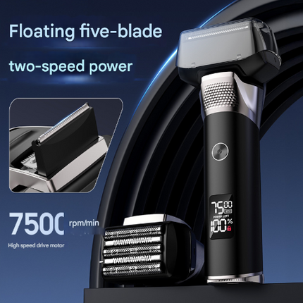 Black Reciprocating 5-Blade Beard Trimmer - Waterproof Electric Razor for Full-Body Use.
