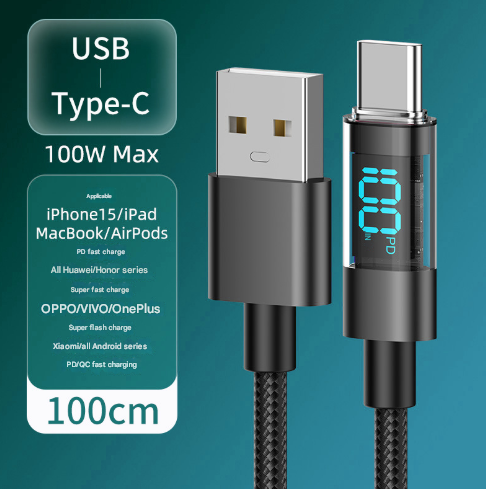 1 Meter USB To Type-C 4-Piece Set 1m 100W Super Fast Charge Transparent Aluminum Shell Digital Display Data Cable - USB Type-C Fast Charge Cable.