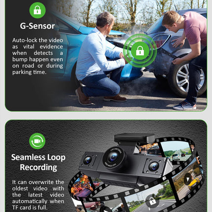 3-Inch HD 1080P Dash Cam - Front, Rear, and Left Recording, 19x12x8cm.